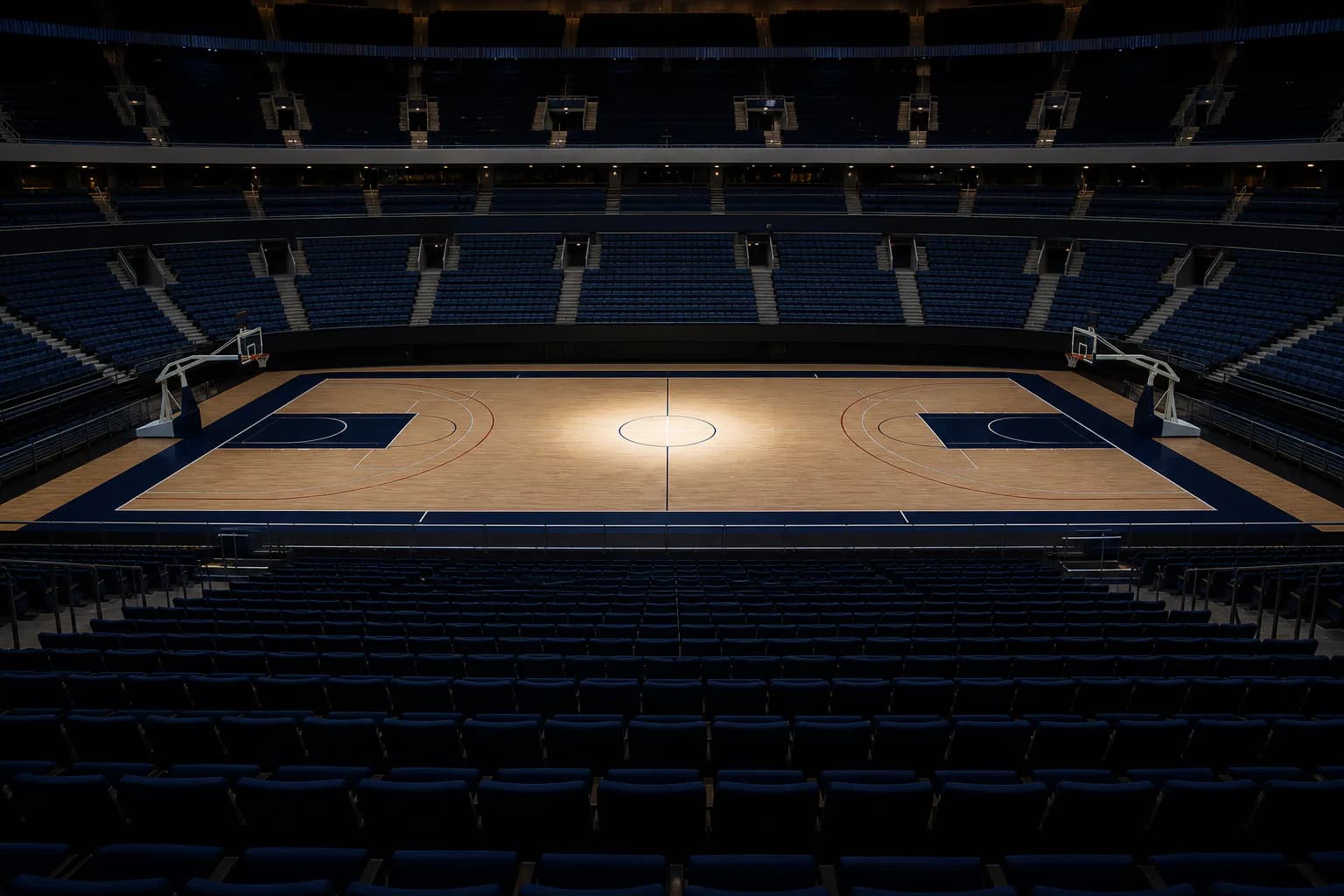 Indoor arena view from the upper stand, polished hardwood court, FIBA-standard markings