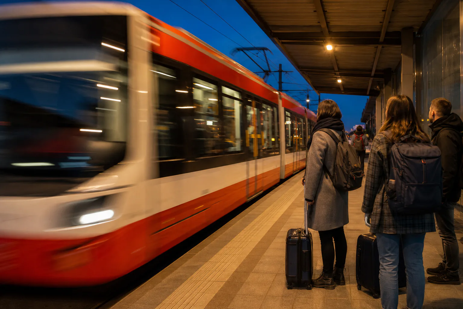Brno tram on a downtown line, motion blur, classic Czech tram livery, golden-hour light